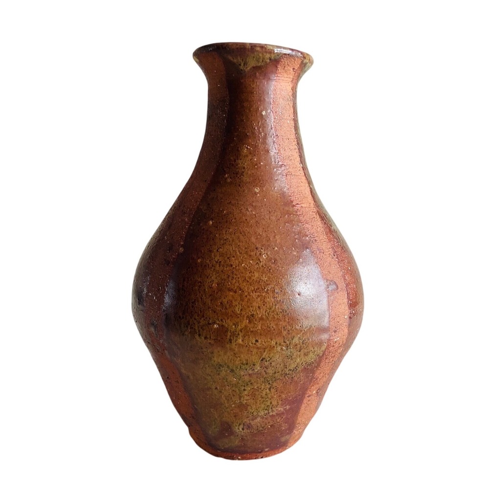 Signed Studio Pottery Vase Earthy Brown Green Glaze Hand Thrown Ceramic 7.75"